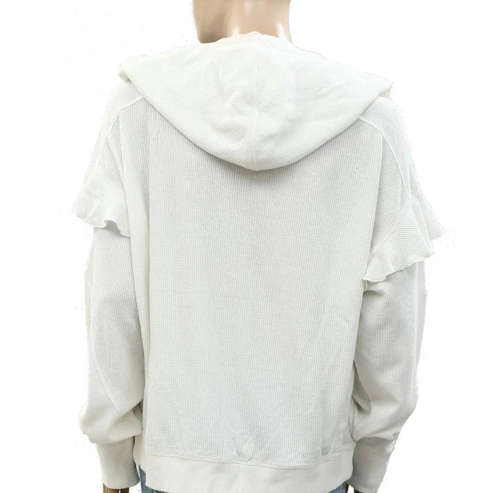 Urban Outfitters UO Thermal Hoodie Blouse Top White Cotton Ruffle L New